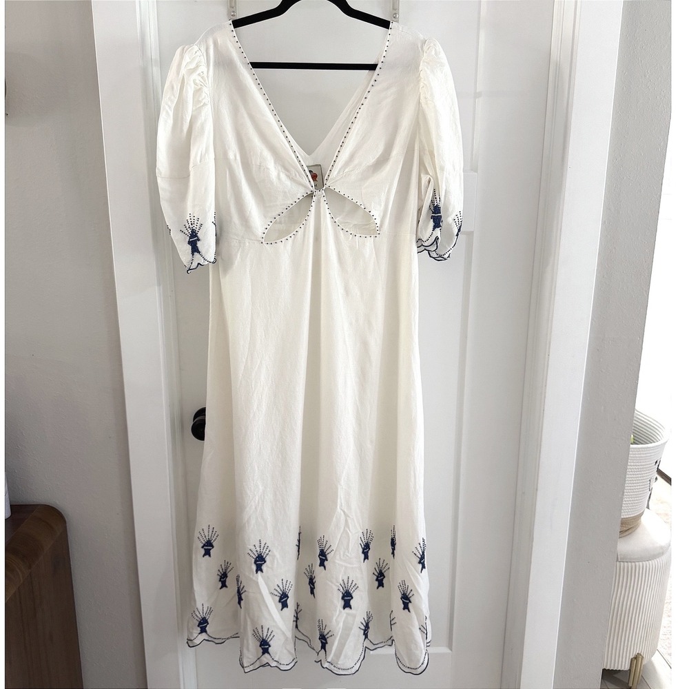 Farm Rio Sea Of Fish Embroidered Bead Cutout Midi Dress XL Coastal Boho Nautical